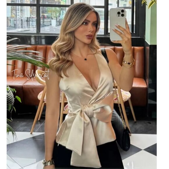 BLOGGER'S FAVE! Zara Top With Bow And Satin Finish Soft Gold NWT - Picture 10 of 16